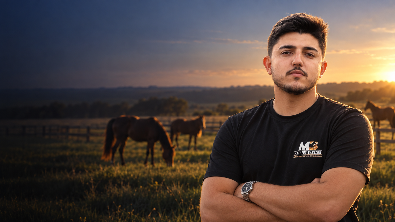Matheus Barizon em um campo com cavalos Mangalarga Marchador